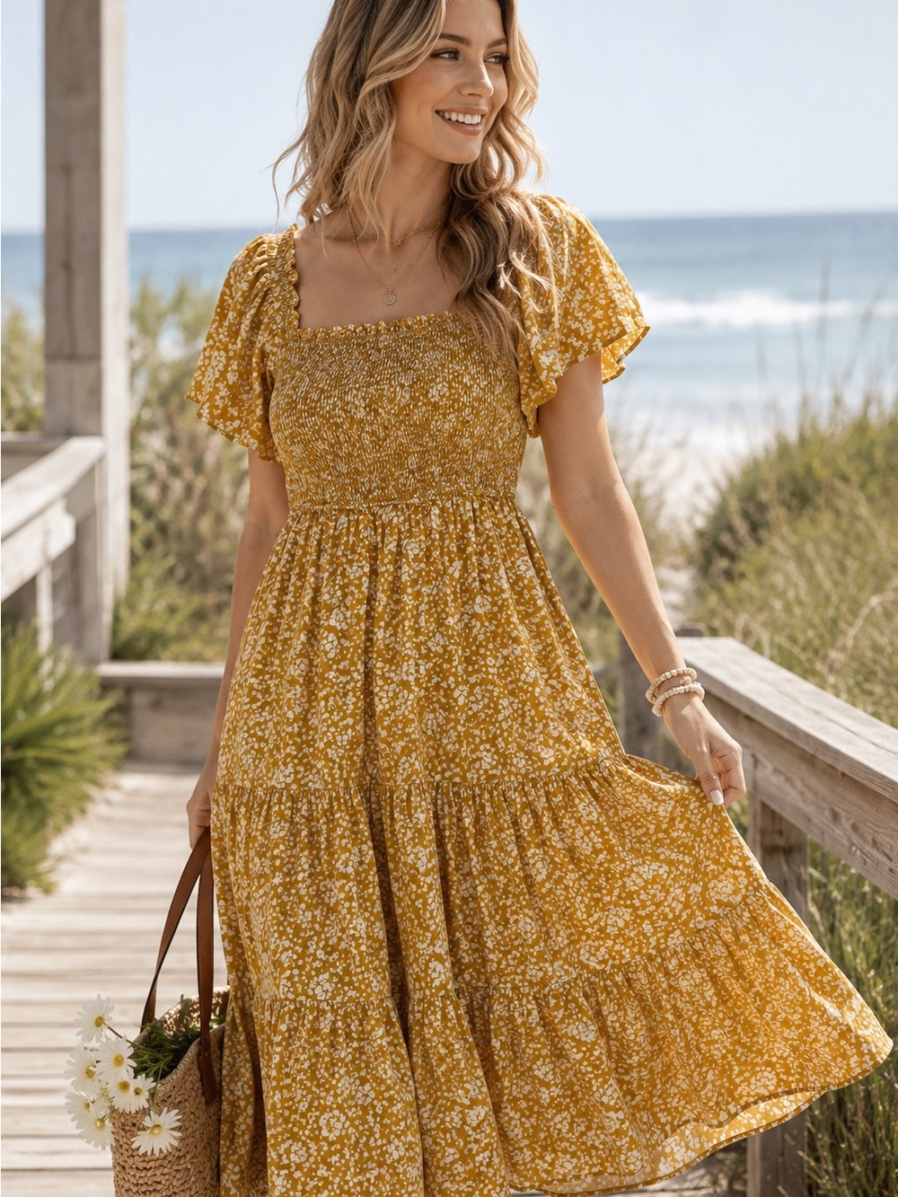 Hayden Los Angeles Mustard Floral Smocked Tiered Midi Dress Size M Cottagecore